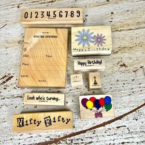 Lot of 9 Birthday Themed Wood Mounted Rubber Stamps